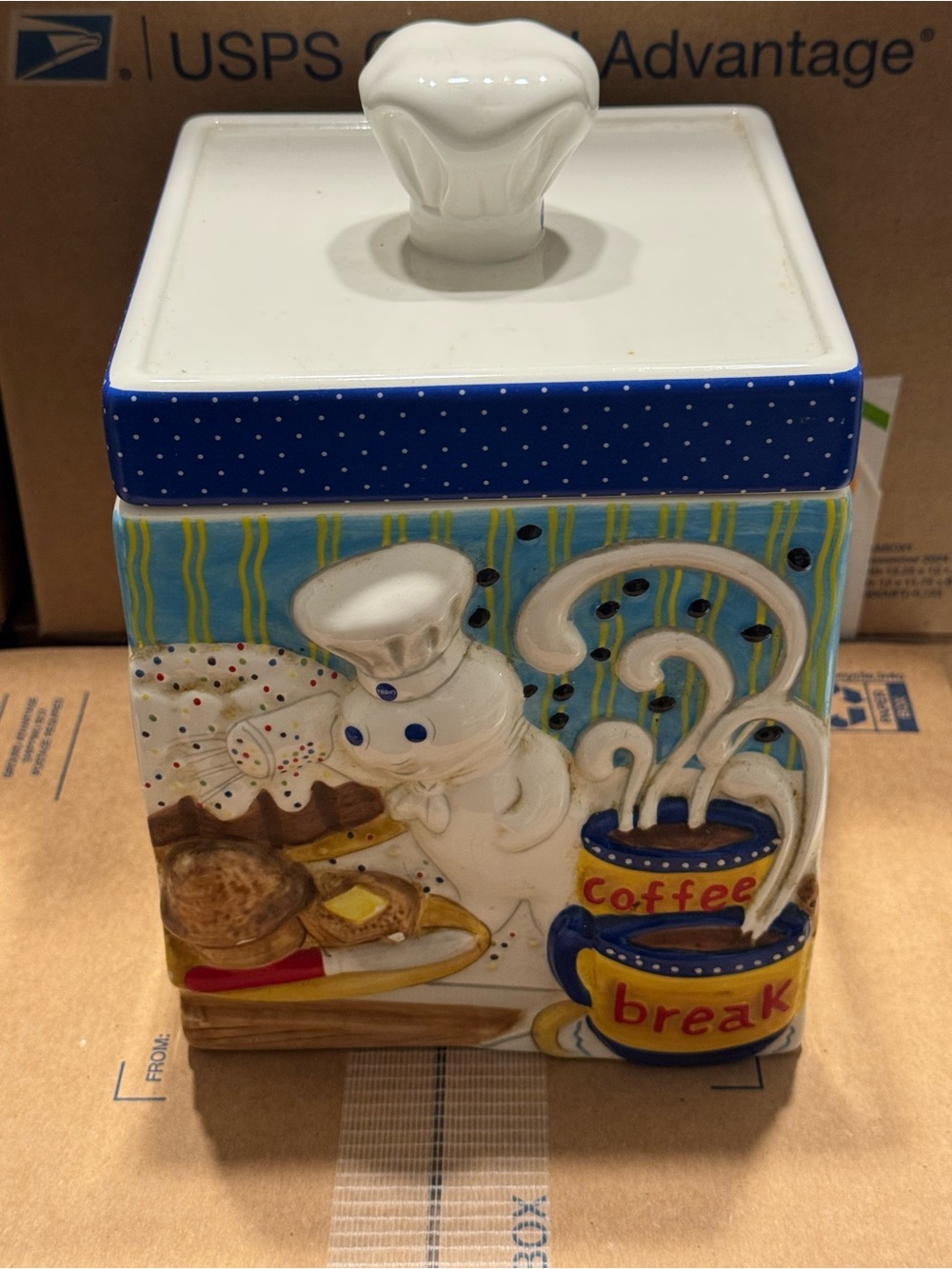 The Pillsbury doughboy ceramic cookie jar canister coffee break collectible